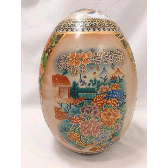 Vntg Huge Japanese Satsuma Egg Asian Decor Orient Hand Painted Cloisonne Floral - Picture 1 of 16